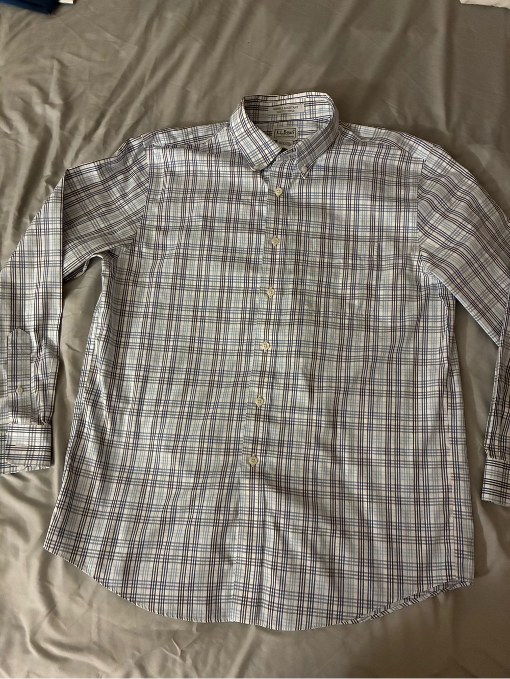 L.L. Bean Men’s White Button-Down Shirt with Blue Plaid